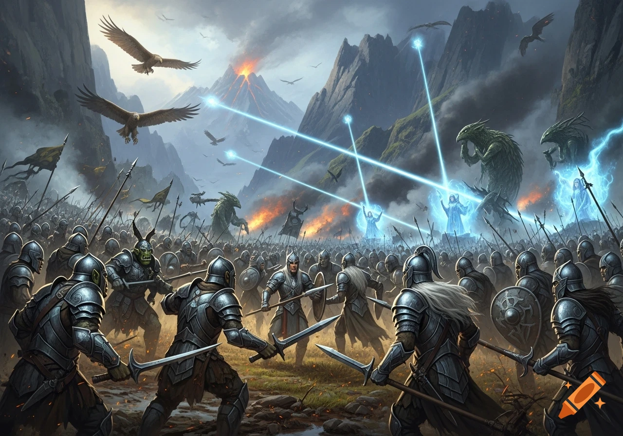 An epic fantasy battle with armored warriors, mages casting spells, large eagles, and monstrous creatures against mountains and an erupting volcano.