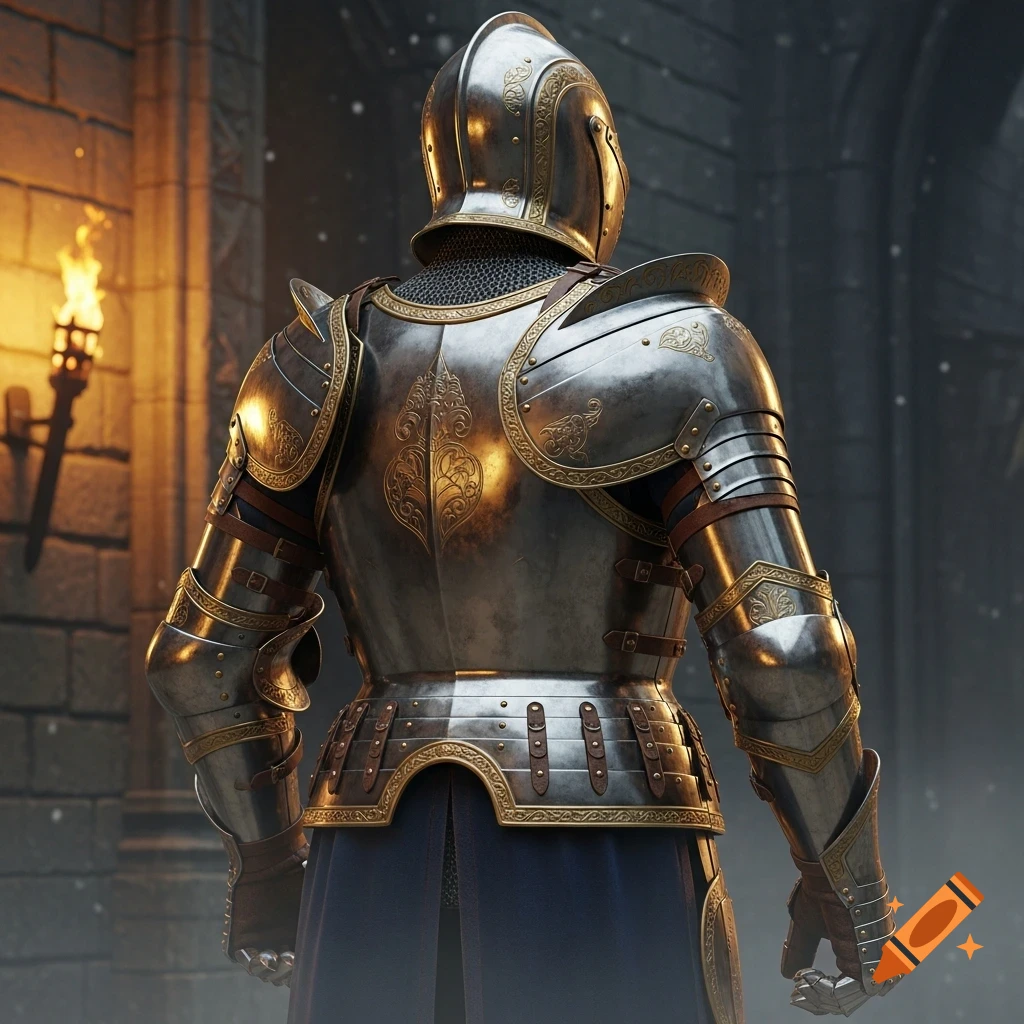 A knight in ornate medieval armor stands with their back to the viewer in a stone castle, lit by a torch.