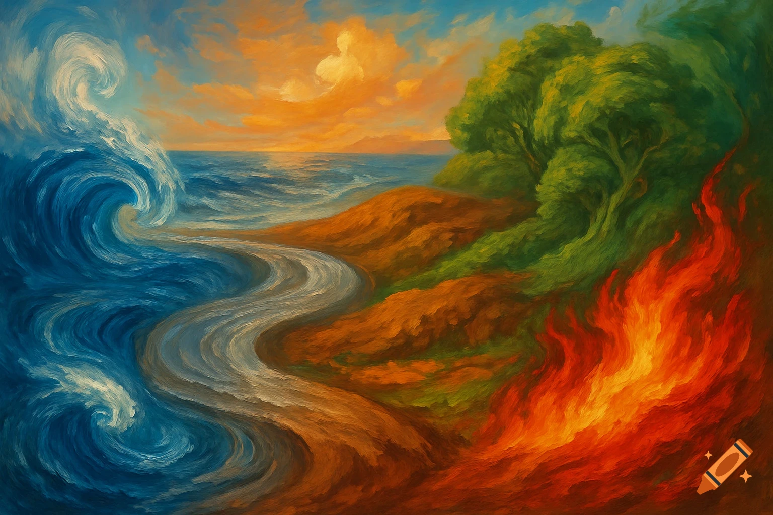 Painterly landscape with a swirling blue wave, a winding stream, green trees, and a fiery blaze under an orange sky.