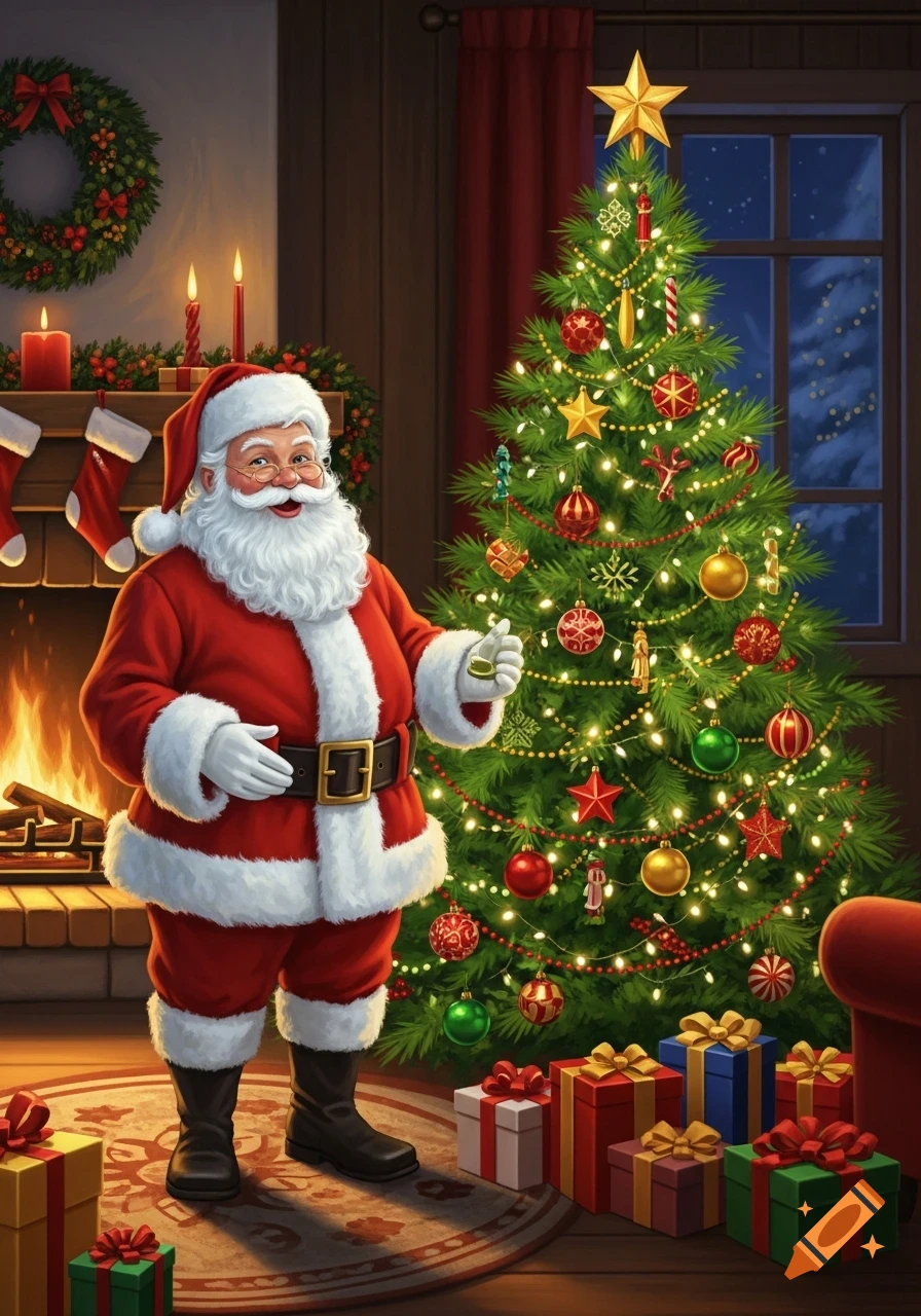 Santa Claus stands next to a brightly lit Christmas tree filled with ornaments and gifts, in a festive room with a roaring fireplace.