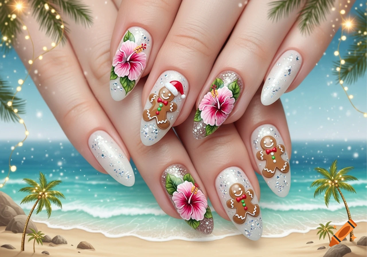 Almond-shaped nails adorned with gingerbread men, pink hibiscus, and glitter. Background shows a snowy Christmas beach with palm trees.
