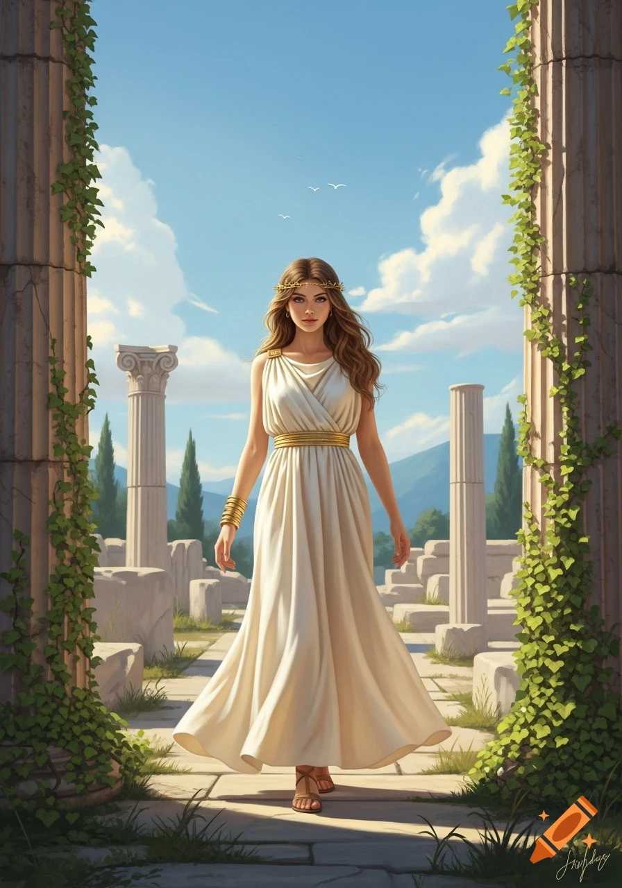 A beautiful maiden in a white Greek dress and golden wreath walks through ancient ruins under a clear sky, digital art.