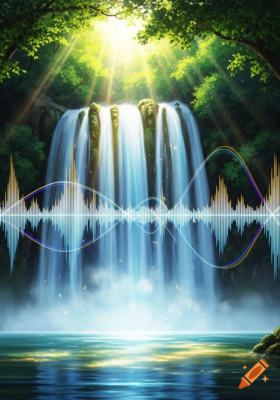 A vibrant waterfall in a lush forest with sun rays, overlaid with white and colorful sound wave graphics.