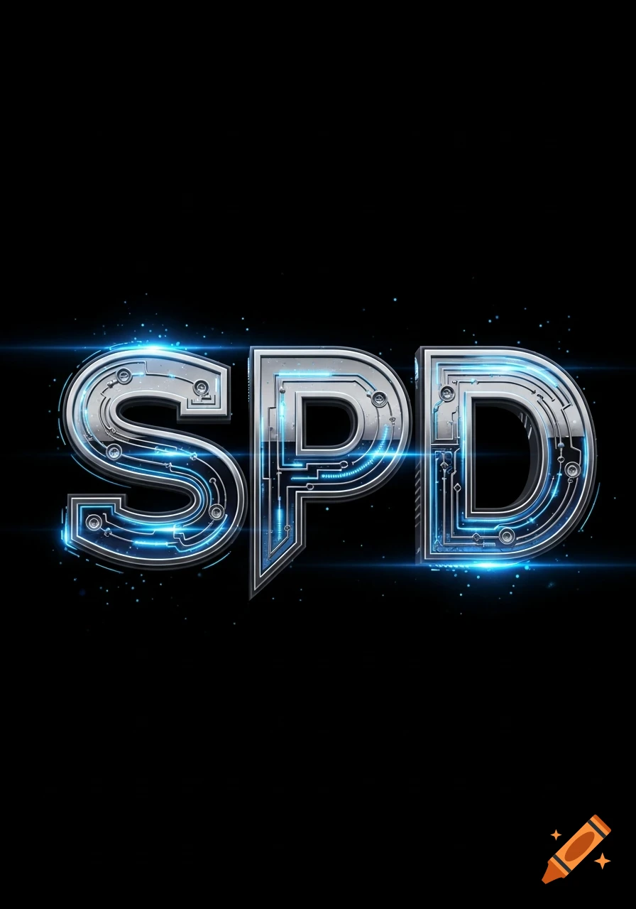 Metallic, circuit-patterned 'SPD' logo with blue glowing accents on a black background.