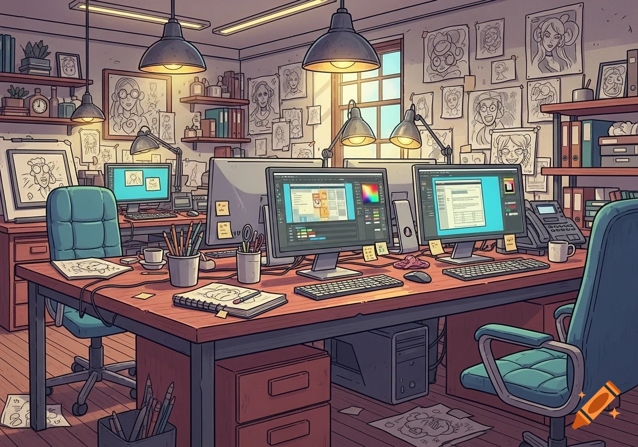 A detailed cartoon style office workspace with multiple computers, monitors displaying UI, drawing tablets, and many sketches taped to the walls.