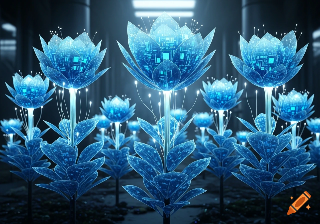 A field of glowing blue, transparent lotus-like plants with intricate electronic circuitry inside, in a dark, futuristic setting.