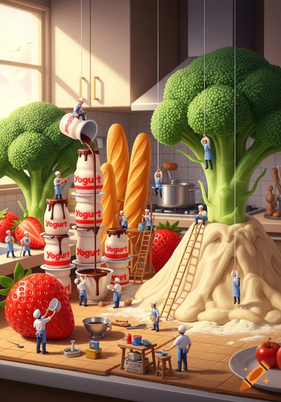 Tiny people in a kitchen work on oversized food items like broccoli, strawberries, and yogurt containers, creating a whimsical construction scene.