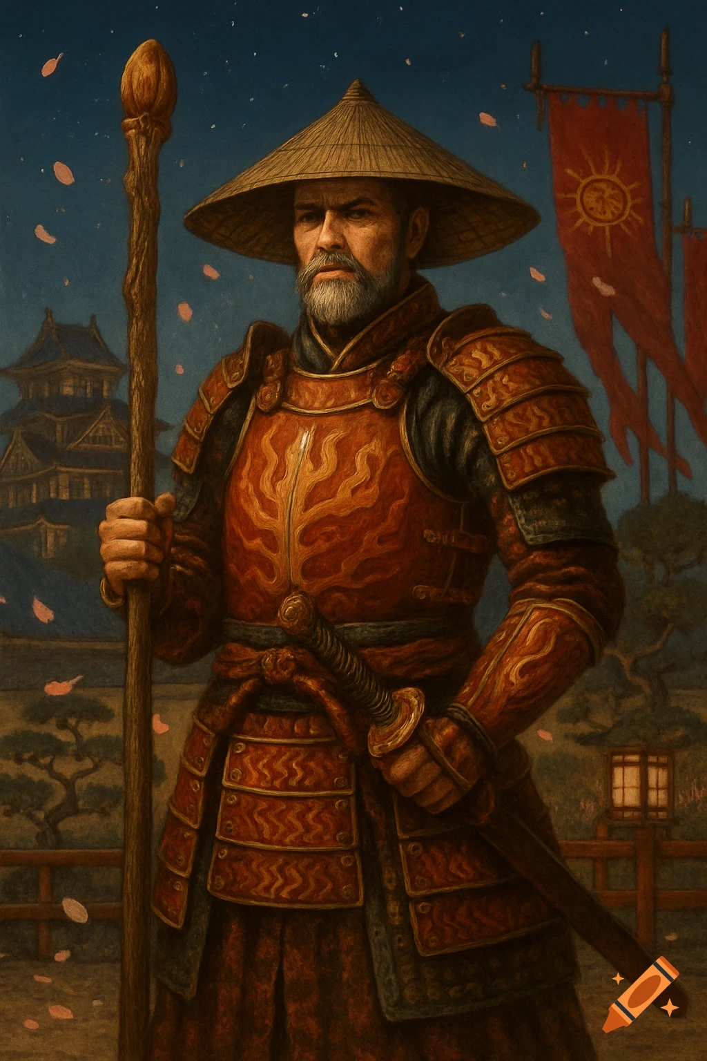 A bearded man in ornate red and gold samurai armor holds a staff, standing before a Japanese castle and red banners with falling cherry blossoms.
