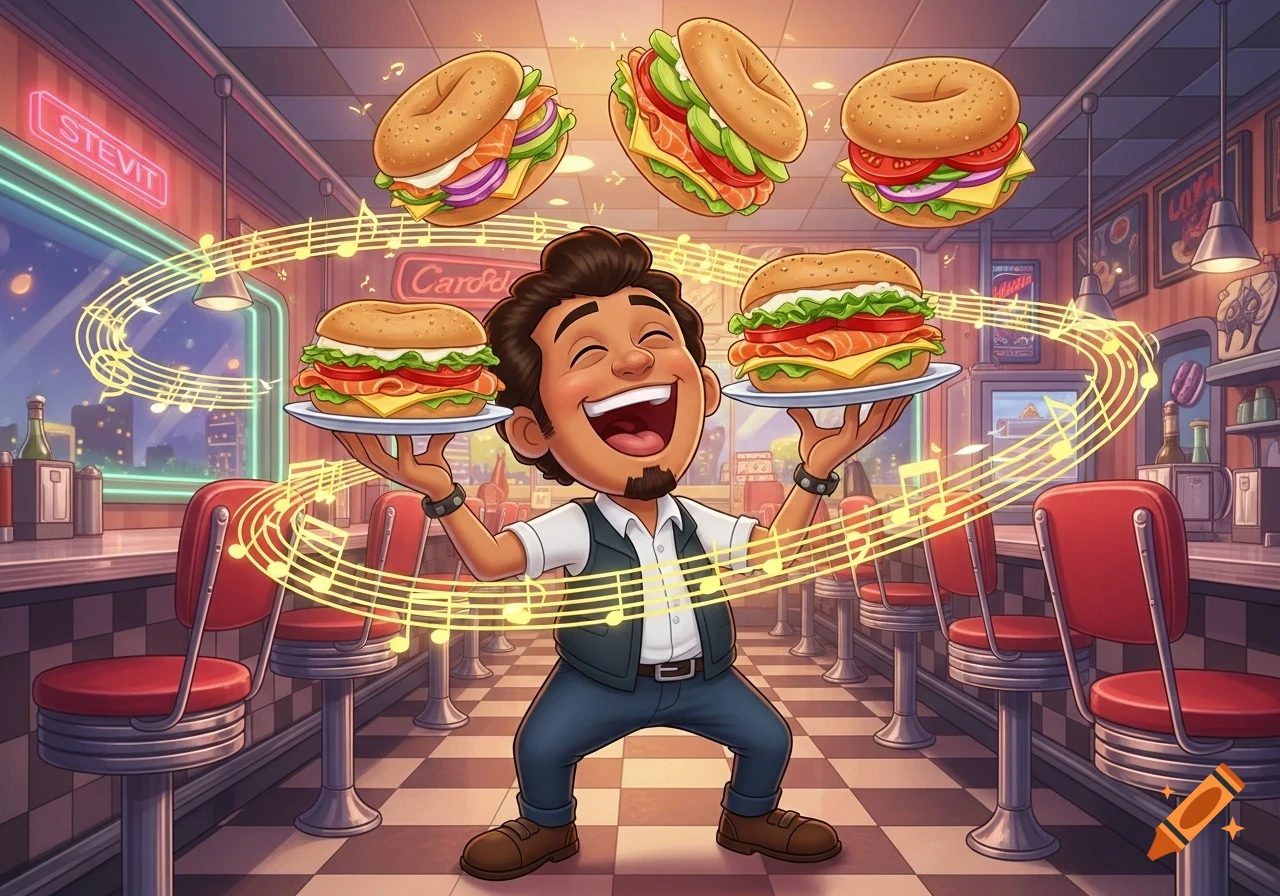 A happy cartoon man juggles five bagel sandwiches in a retro diner, surrounded by musical notes.