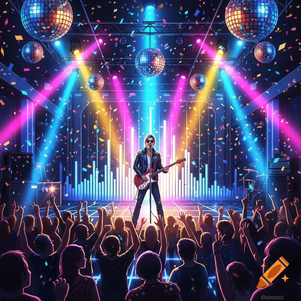 Vibrant illustration of a rock star playing guitar on stage under disco balls, confetti, and neon lights for a cheering crowd.