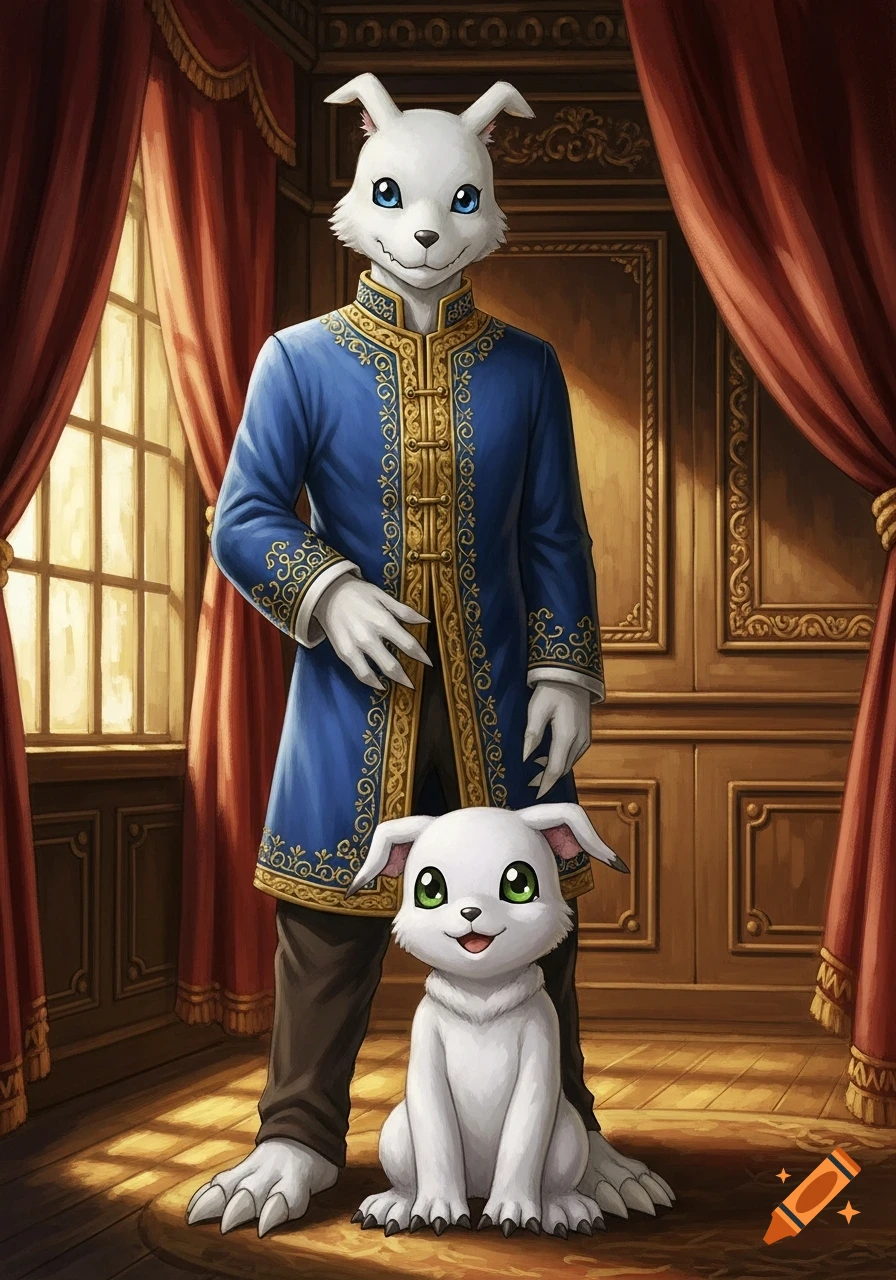 A painted portrait of a tall, blue-robed white Digimon with blue eyes, standing next to a small, green-eyed white Digimon in a grand room.