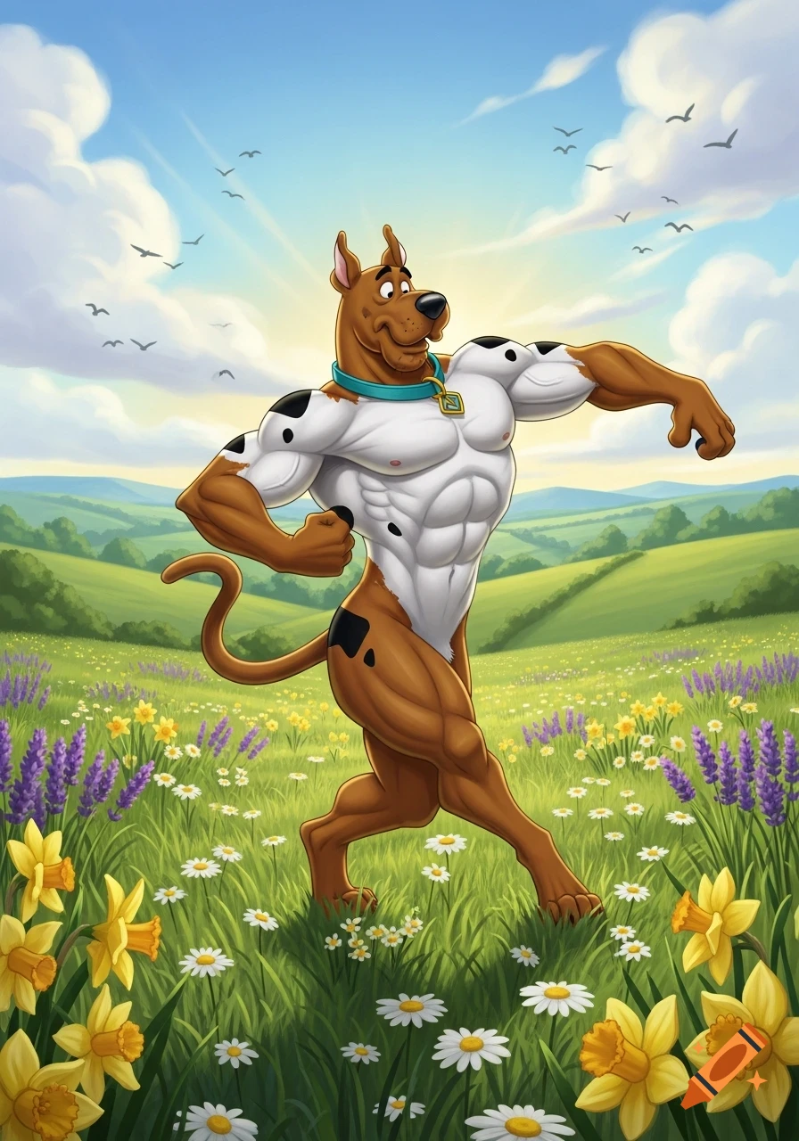 Muscular Scooby Doo dancing in a sunny, colorful meadow with flowers and rolling hills, rendered in a bright cartoon style.