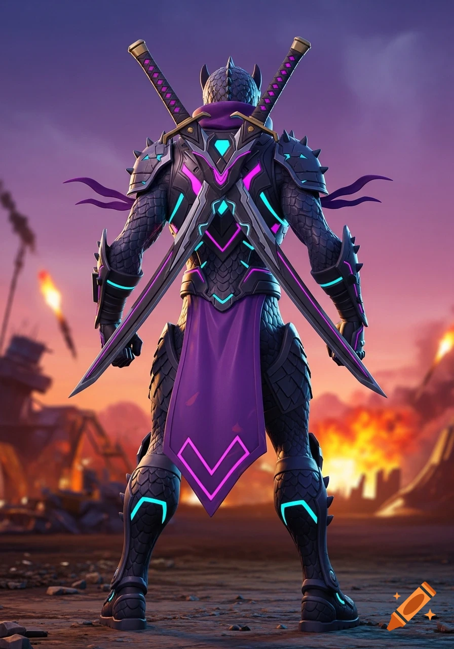 A dark armored warrior with neon accents and two katanas on their back stands against a fiery, ruined landscape, viewed from behind.