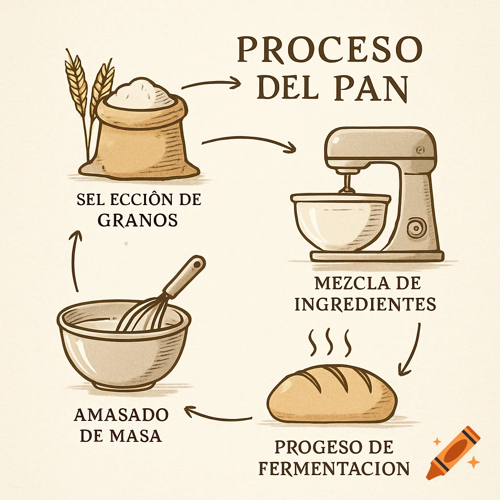 A stylized diagram illustrating the bread-making process with steps ...
