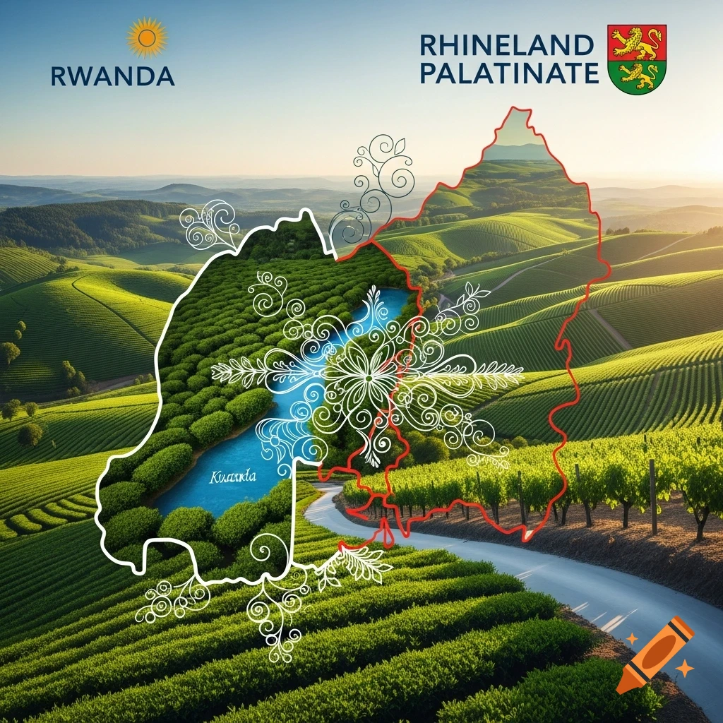 Split image showing maps of Rwanda and Rhineland-Palatinate over rolling green hills and vineyards, with corresponding text and coats of arms.