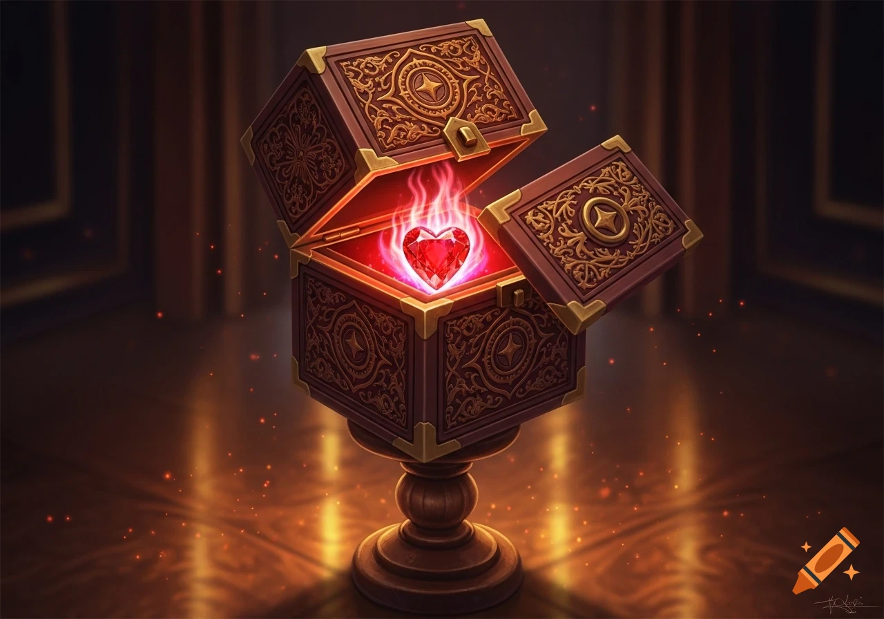 An ornate, partially open wooden box on a pedestal, glowing with a red, flaming heart inside, casting light on a dark, mysterious room.