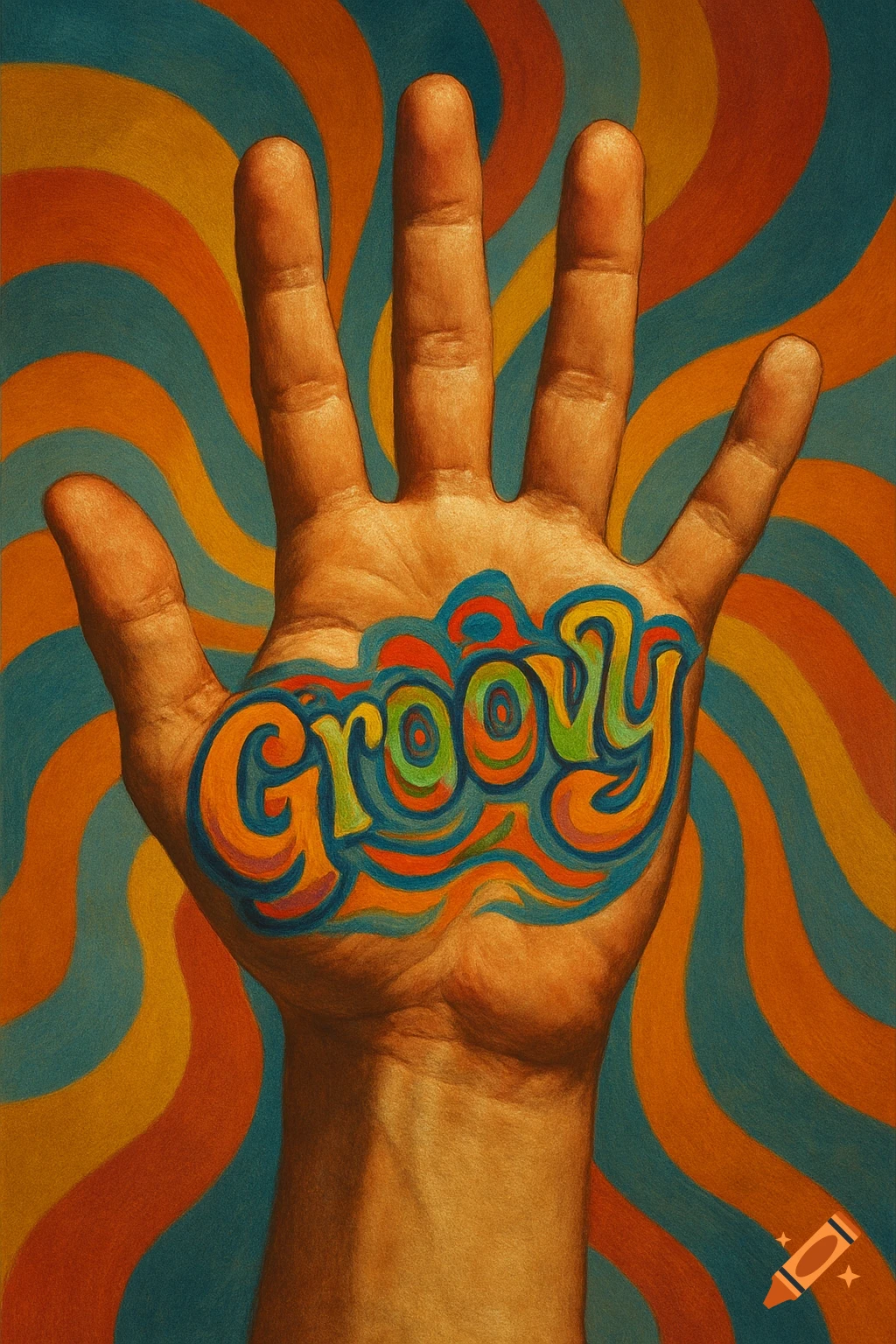 Close-up of a human palm with the word "Groovy" painted in colorful, wavy psychedelic letters against a swirling background.