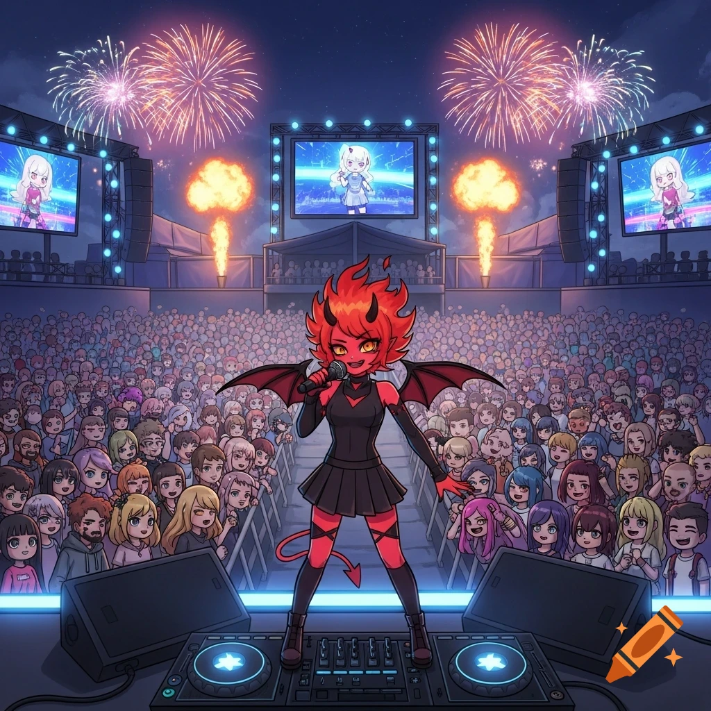 A red demon girl with fire hair sings into a microphone on stage at a ...