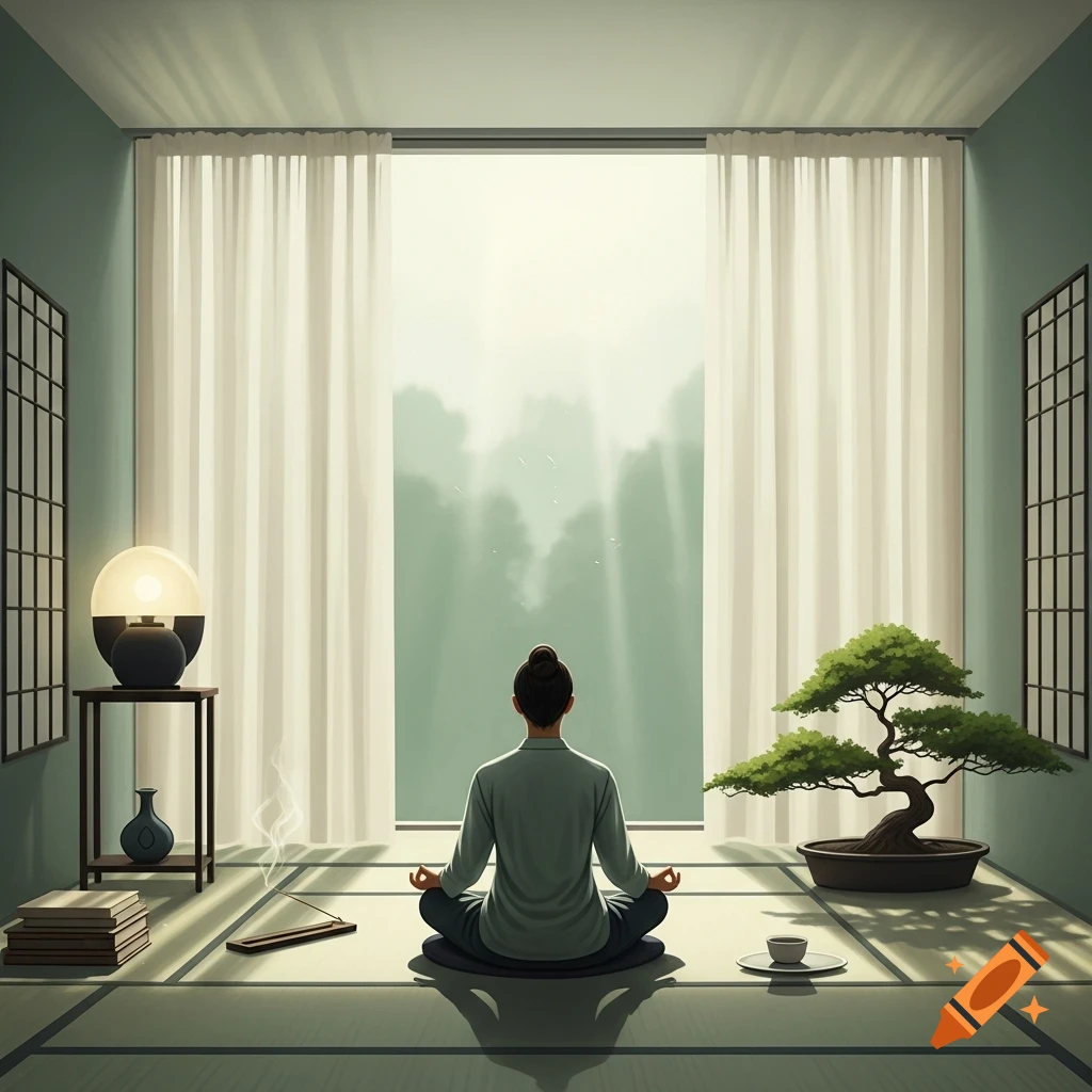 Person meditating in a minimalist zen room with a large window and a bonsai tree.