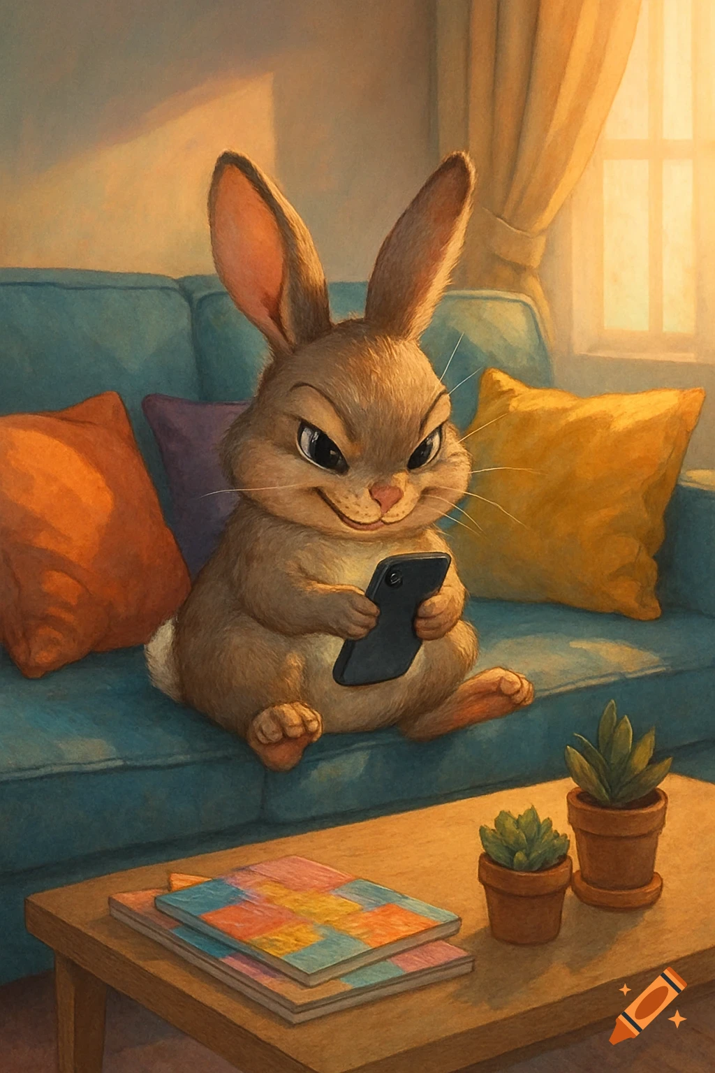 A mischievous-looking cartoon bunny sits on a teal sofa, engrossed in a black smartphone. A coffee table with books and plants is in front.