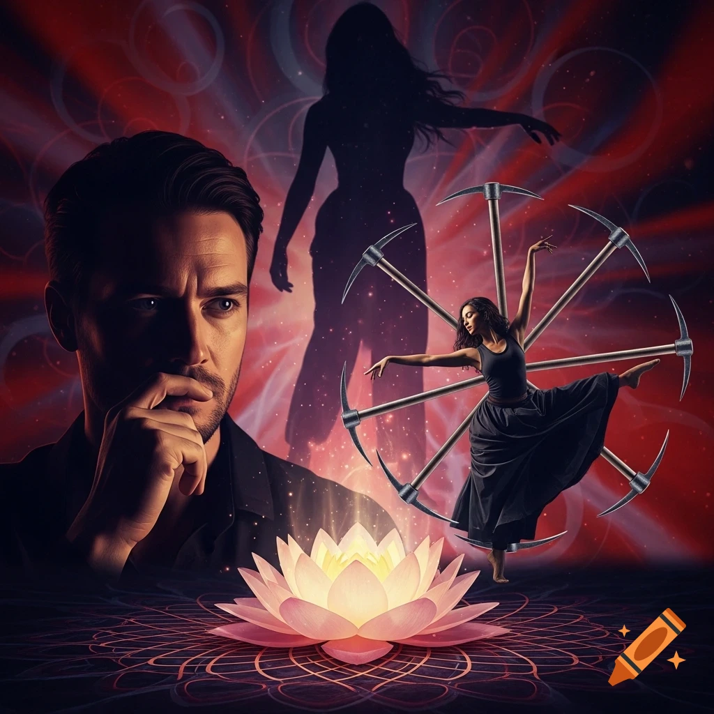 An artwork featuring a pensive man, a dancing woman surrounded by a wheel of pickaxes, a silhouetted figure in the background, and a glowing lotus flower on a patterned surface.