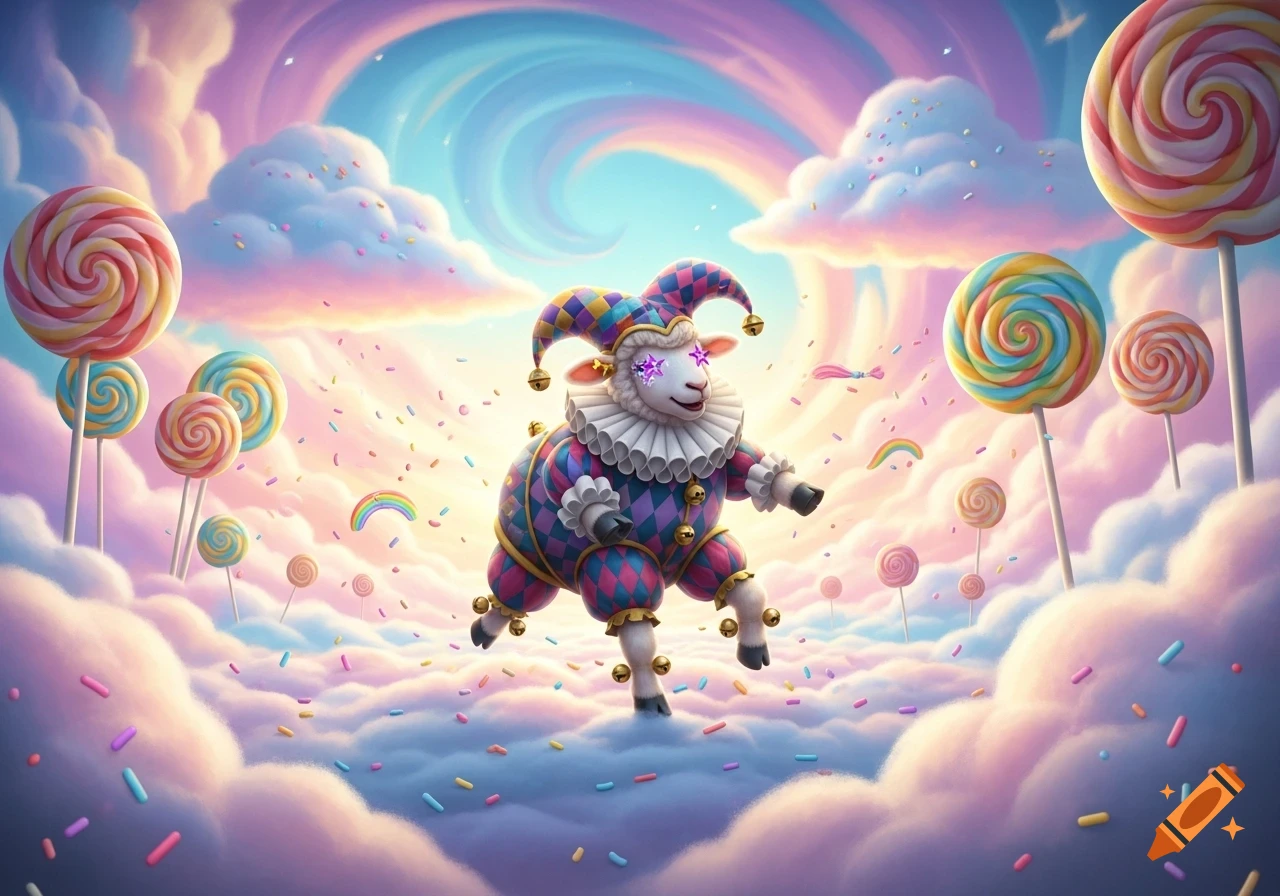 A whimsical sheep jester with star eyes runs through cotton candy clouds filled with colorful lollipops, sprinkles, and tiny rainbows.