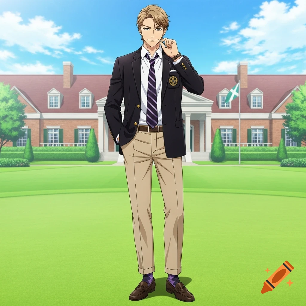 An anime-style male with light-brown hair, wearing a black blazer, striped tie, khaki pants, and loafers, stands on a green lawn in front of a large, red-roofed building under a blue sky.