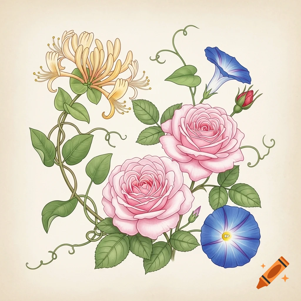 Botanical illustration of a honeysuckle, two pink roses, and two blue morning glories with green leaves and vines on a light background.