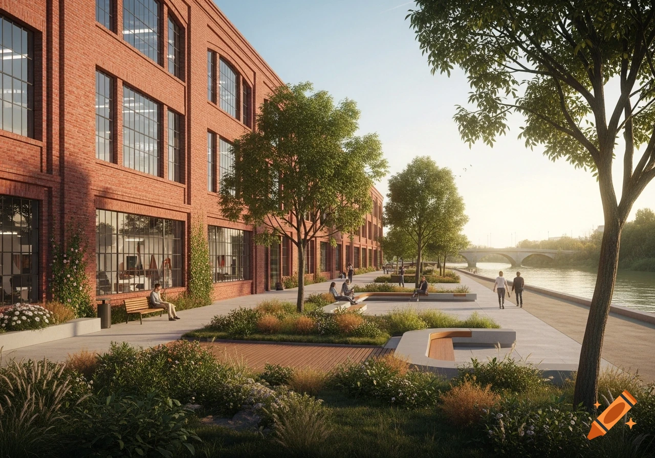 A modern red brick building with large windows faces a park with trees and a riverwalk, where people stroll and sit on benches. Photorealistic.