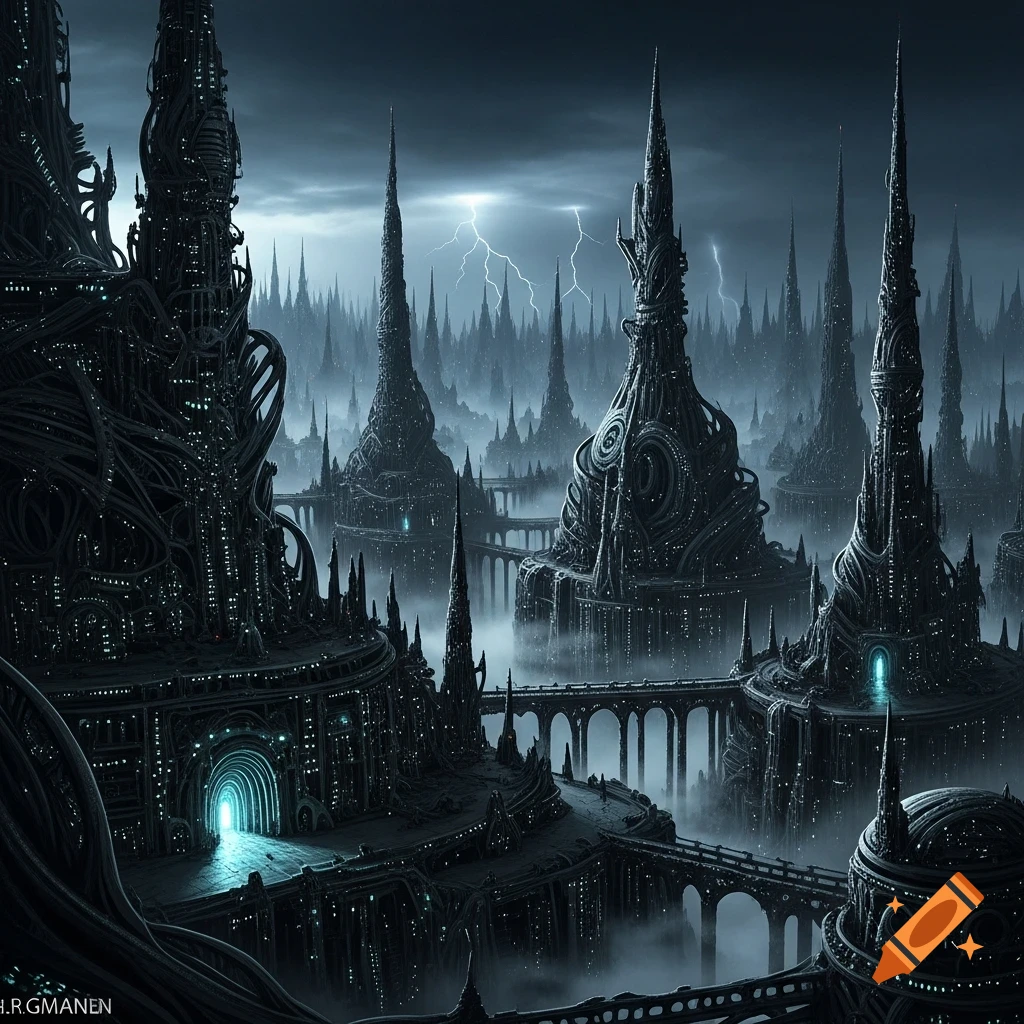 A dark, biomechanical alien city with spiky towers, intricate bridges, and glowing details under a stormy, lightning sky, H.R. Giger style.