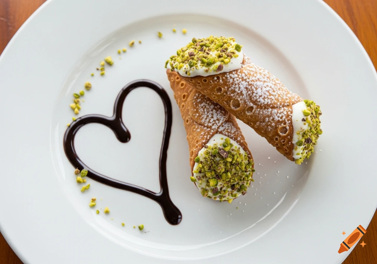 Two mini cannolis with pistachios and powdered sugar on a white plate with a heart-shaped chocolate drizzle, photorealistic.