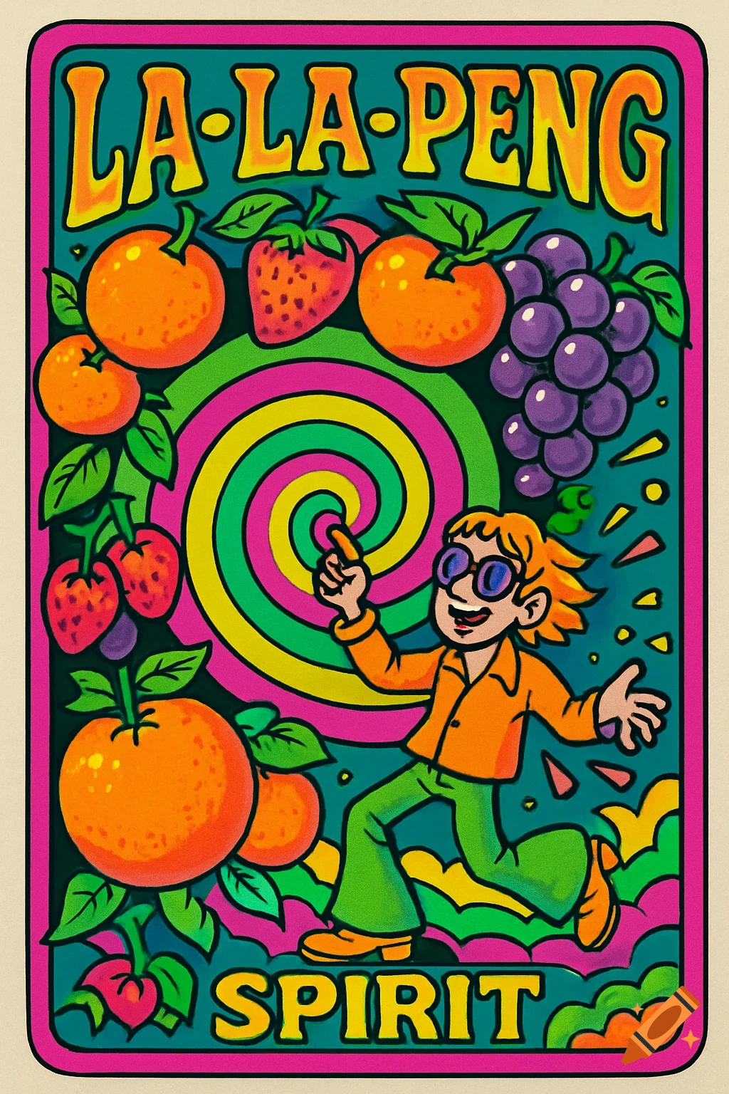A vibrant psychedelic vintage-style label with 'LA-LA-PENG SPIRIT' text, a joyful cartoon person, fruits, and colorful spirals.