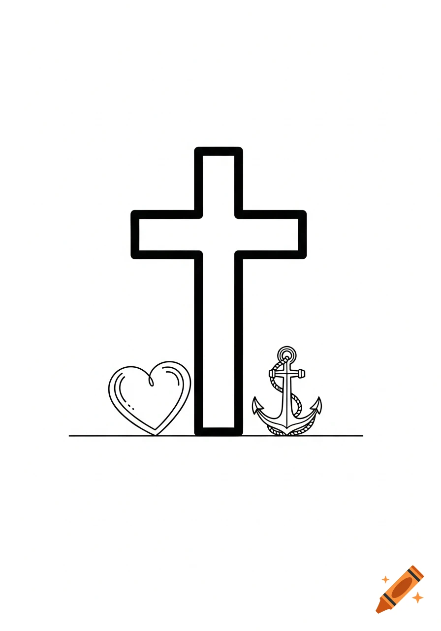 A simple black outline drawing of a cross, a heart, and an anchor on a white background.