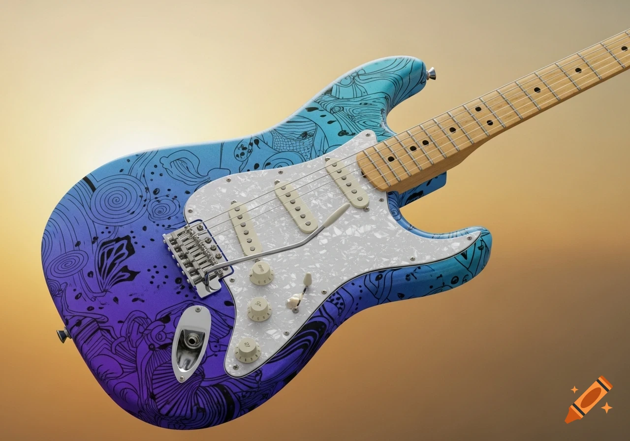 A close-up of a Stratocaster-style electric guitar with a custom blue and purple ombre pattern featuring intricate black line art designs, set against a warm gradient background.