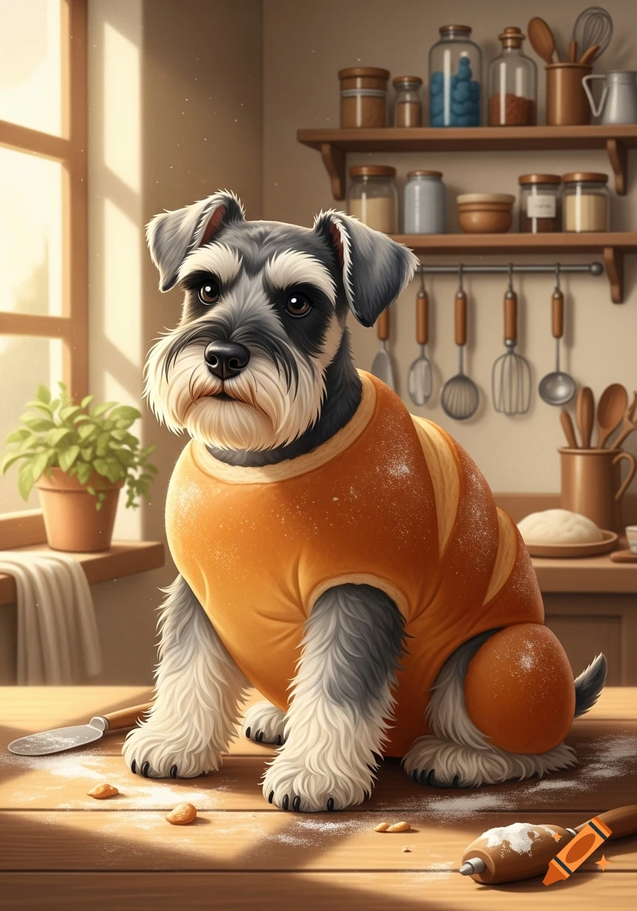 A schnauzer dog in a bread-shaped costume sits on a floury kitchen counter. Photorealistic.