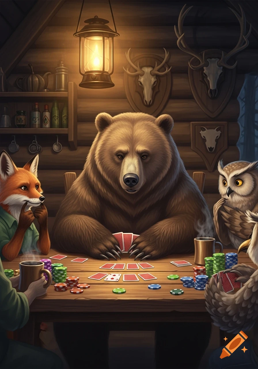 A detailed illustration of a bear, fox, and owl playing poker at a table in a dimly lit, rustic cabin.
