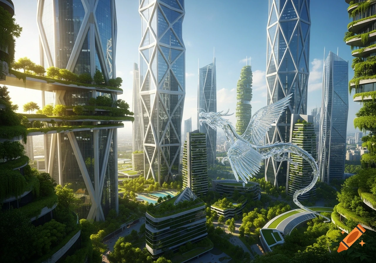 Photorealistic futuristic city with green skyscrapers and a translucent glass dragon flying amidst them.