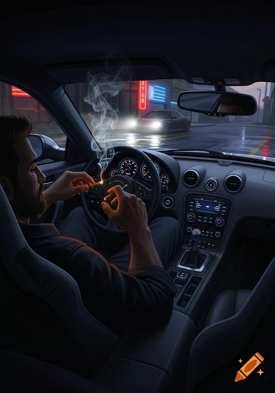 A man lights a cigarette inside a car at night, with city lights reflecting on the wet street outside.