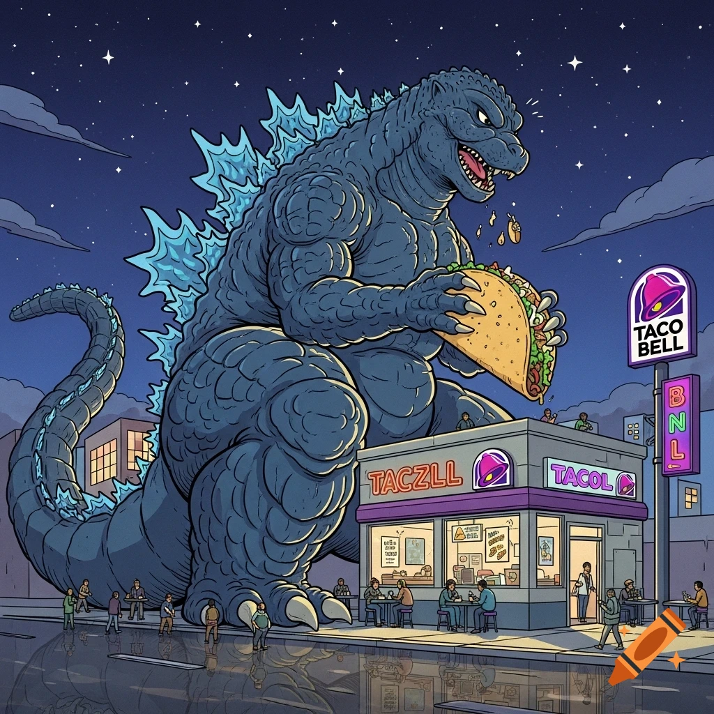 A giant Godzilla eats a massive taco on top of a Taco Bell restaurant in a city at night, cartoon style.