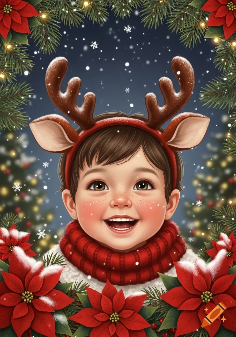A cheerful child illustration wearing reindeer antlers and a red scarf, framed by pine branches, poinsettias, and falling snow at night.