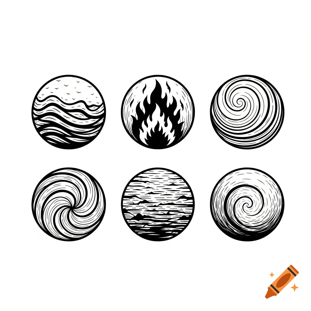 Black and white tattoo designs of six circles representing natural elements like fire, water, and swirling patterns.