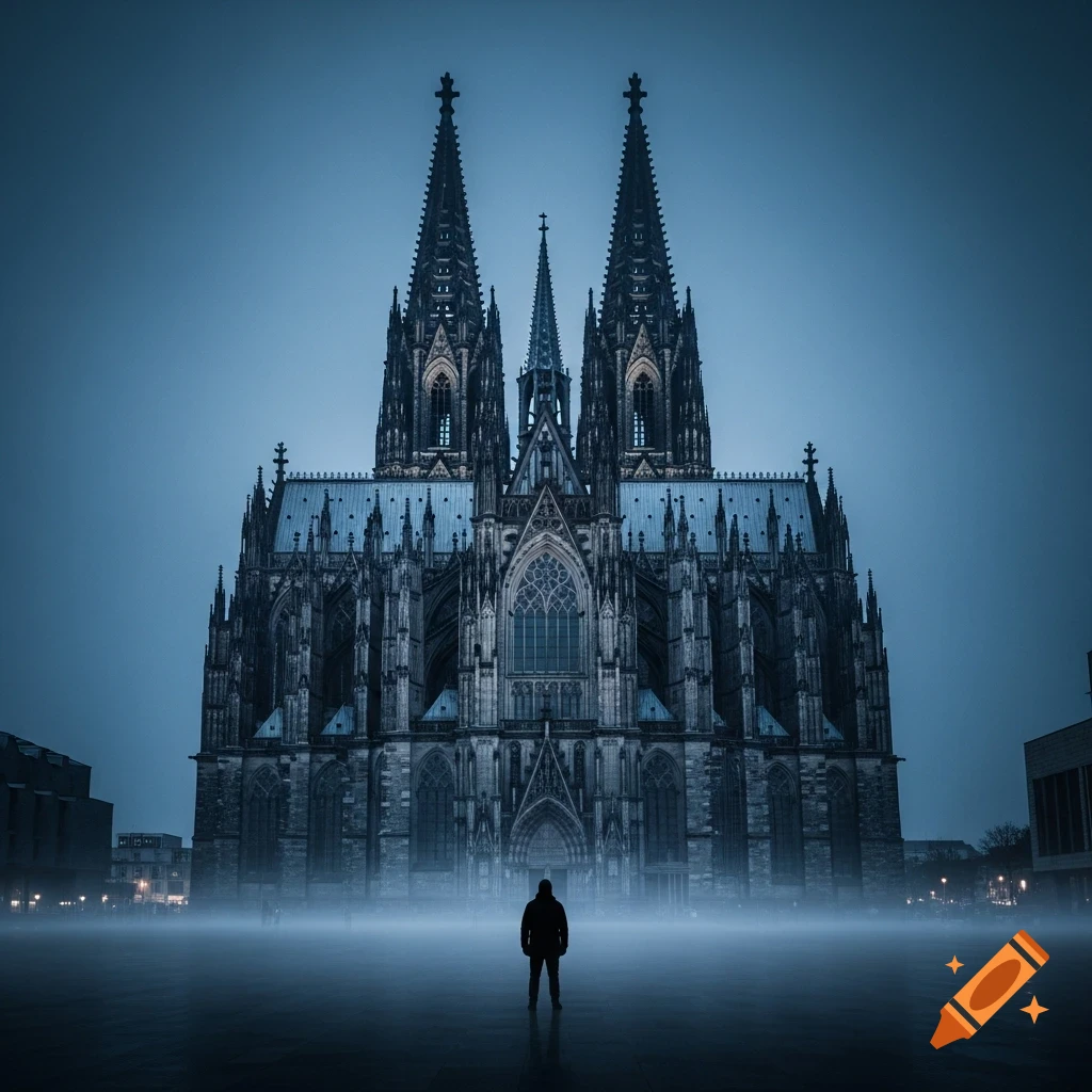 A solitary figure stands silhouetted against the colossal Cologne Cathedral shrouded in fog under a dark, dramatic blue sky.