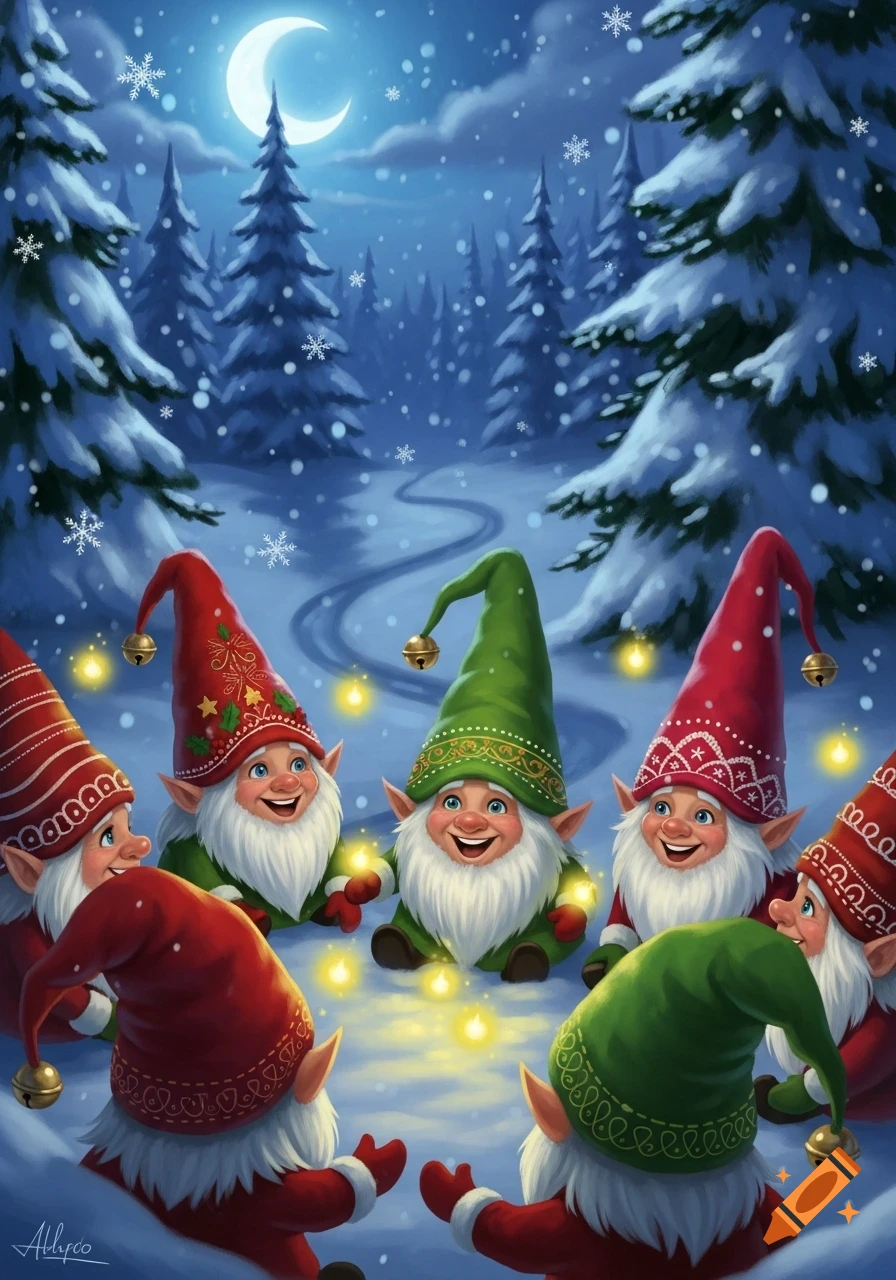 A group of smiling Christmas gnomes in red and green hats sit in a snowy forest under a crescent moon, surrounded by glowing lights.