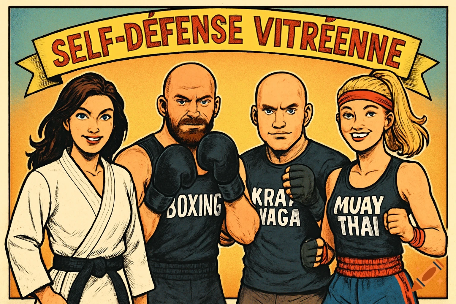 A cartoon illustration of four smiling martial artists, two men and two women, dressed in boxing, Krav Maga, Judo, and Muay Thai gear, under a banner.