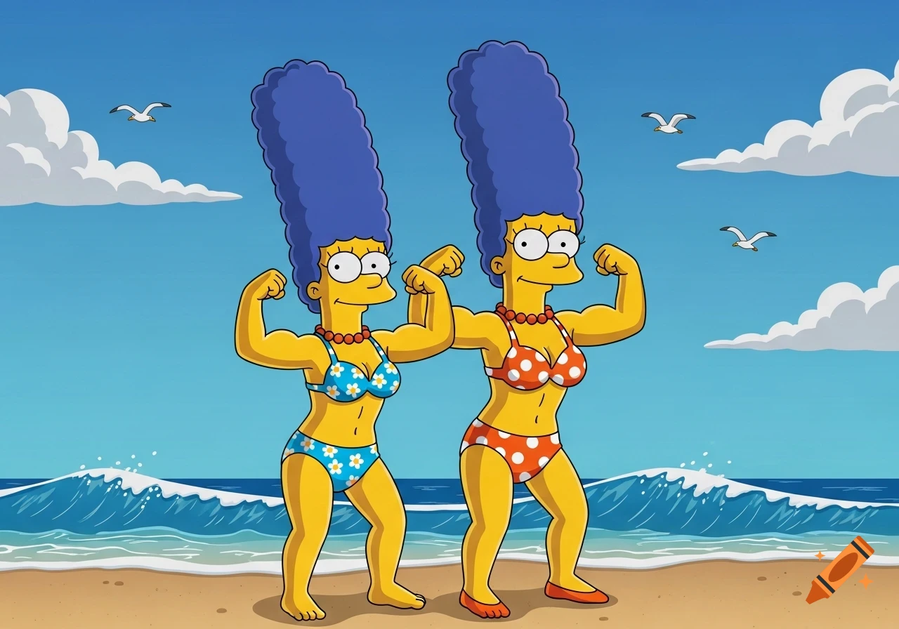 Cartoon image of two Marge Simpson-like women in bikinis flexing their muscles on a sandy beach with the ocean and sky in the background.