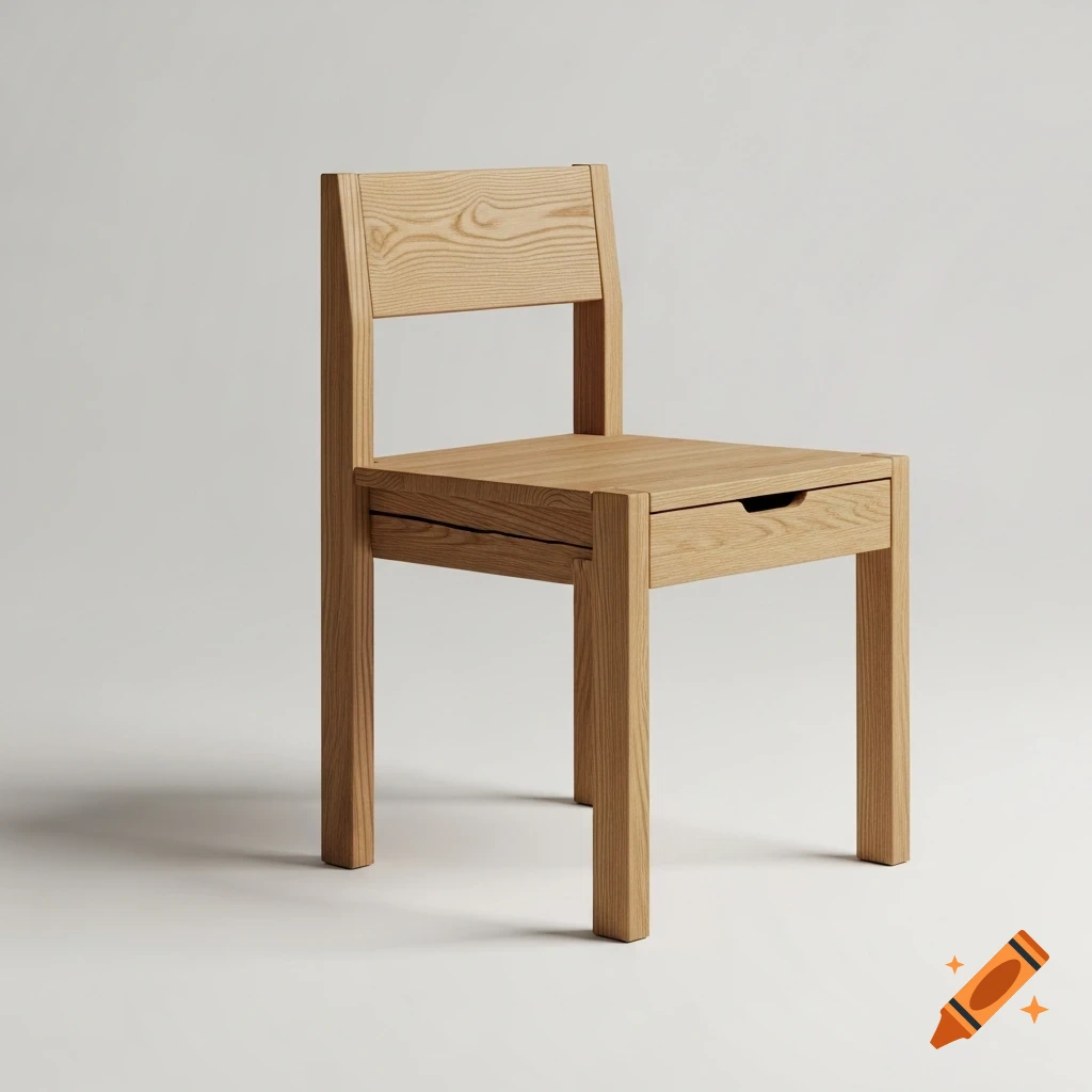A simple square-shaped oak chair features an integrated drawer under the seat, set against a plain light background.