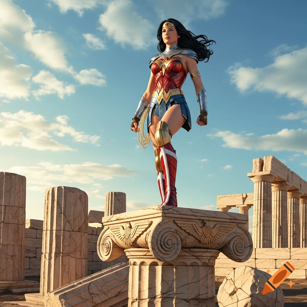Wonder Woman in her classic costume stands heroically atop a broken column amidst ancient ruins under a blue sky.