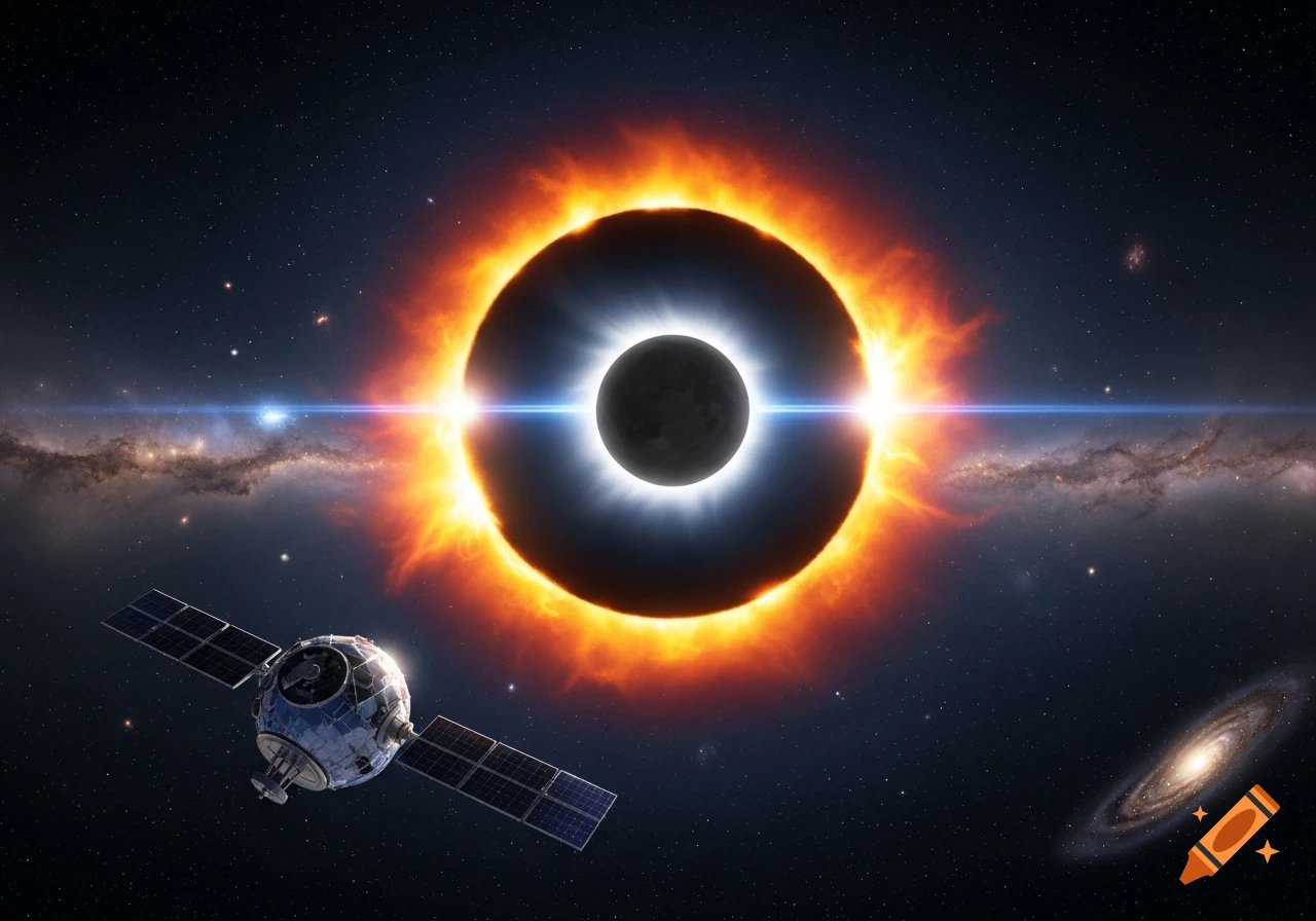A photorealistic image of a solar eclipse with a vibrant corona, a satellite, and distant galaxies in deep space.