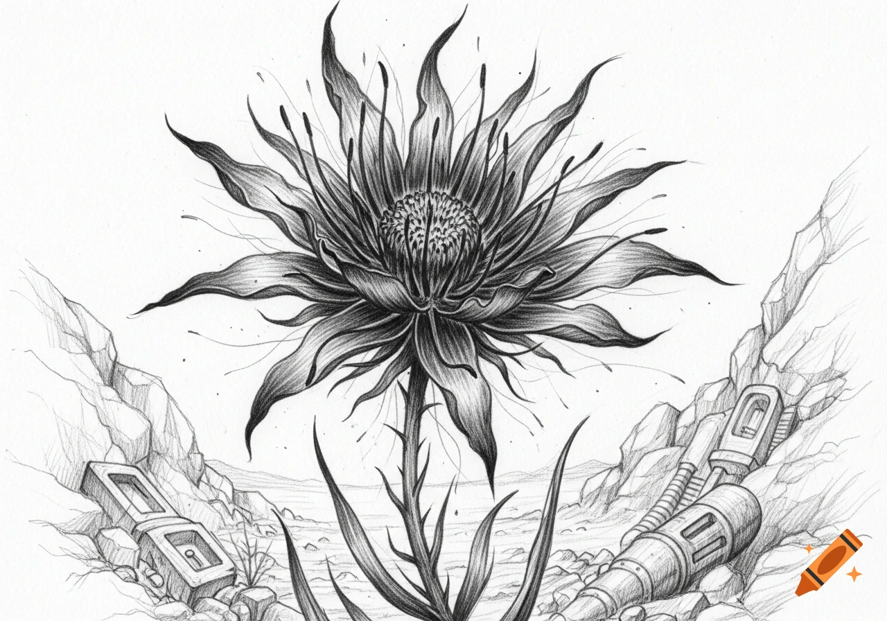 A detailed pencil illustration of a dark, stylized soot flower in a barren, rocky landscape with mechanical wreckage.