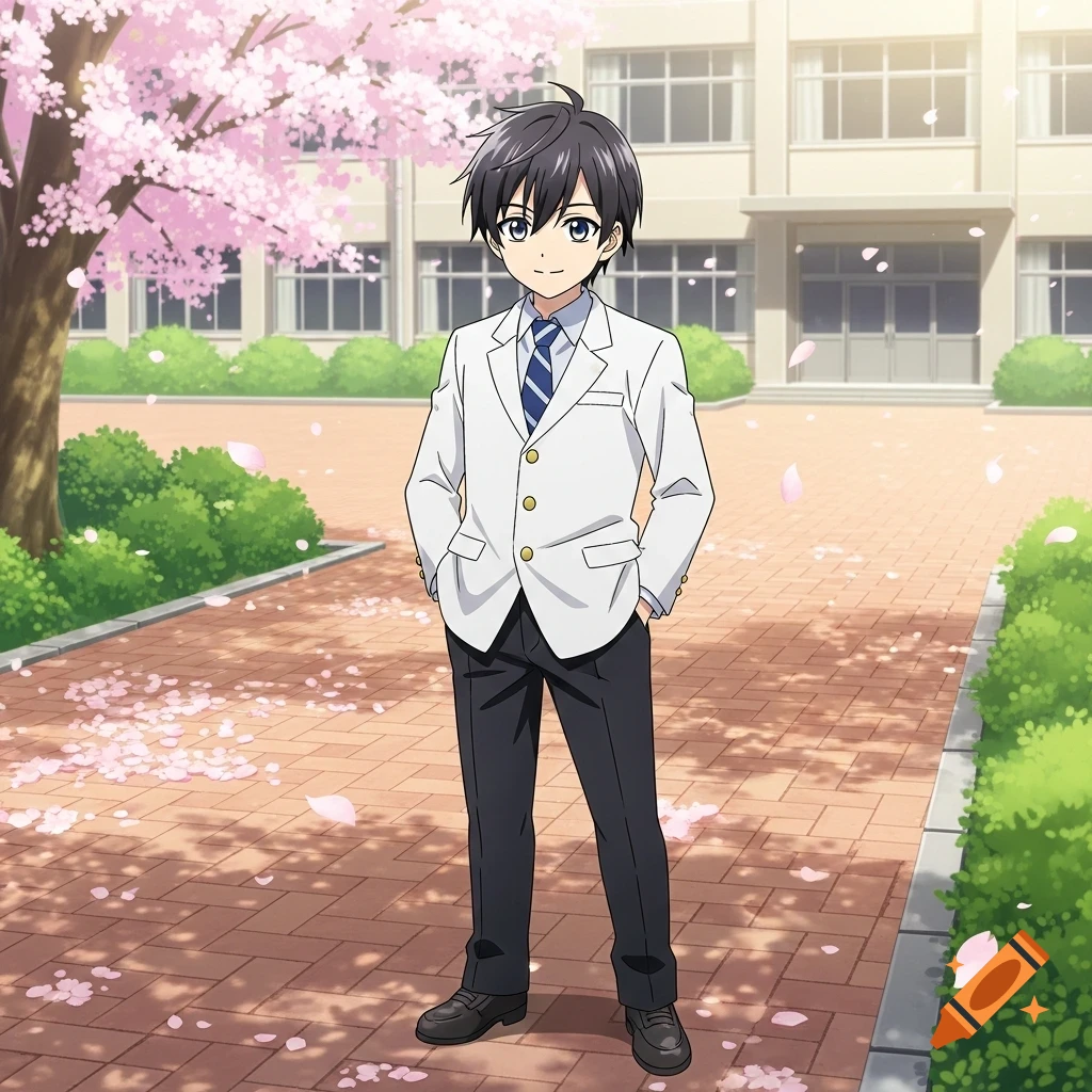 An anime boy in a white school uniform stands with hands in pockets outside a school under a cherry blossom tree with fallen petals.